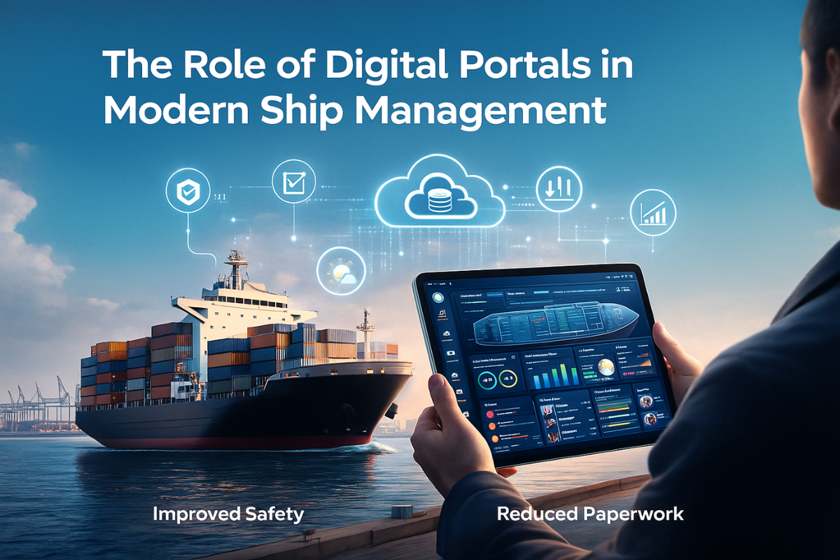 Illustration showing a cargo ship and a digital ship management portal dashboard